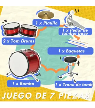 Batería para Niños de +3 Años con Taburete Ajustable Tambores Bombo Platillo Pedal y Baquetas 80x60x48-65 cm Rojo