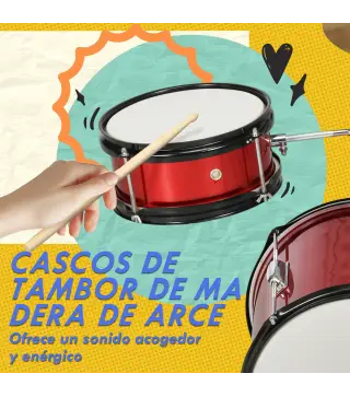 Batería para Niños de +3 Años con Taburete Ajustable Tambores Bombo Platillo Pedal y Baquetas 80x60x48-65 cm Rojo