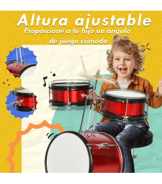 Batería para Niños de +3 Años con Taburete Ajustable Tambores Bombo Platillo Pedal y Baquetas 80x60x48-65 cm Rojo