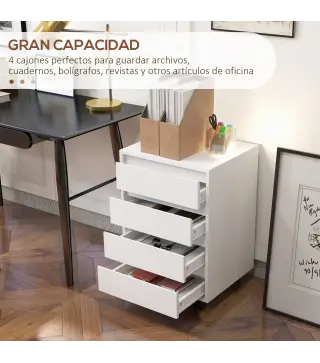 Cajonera de Oficina con 4 Cajones Cajonera de Escritorio con Ruedas para Estudio 46x40x65 cm Blanco