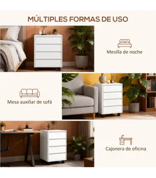 Cajonera de Oficina con 4 Cajones Cajonera de Escritorio con Ruedas para Estudio 46x40x65 cm Blanco