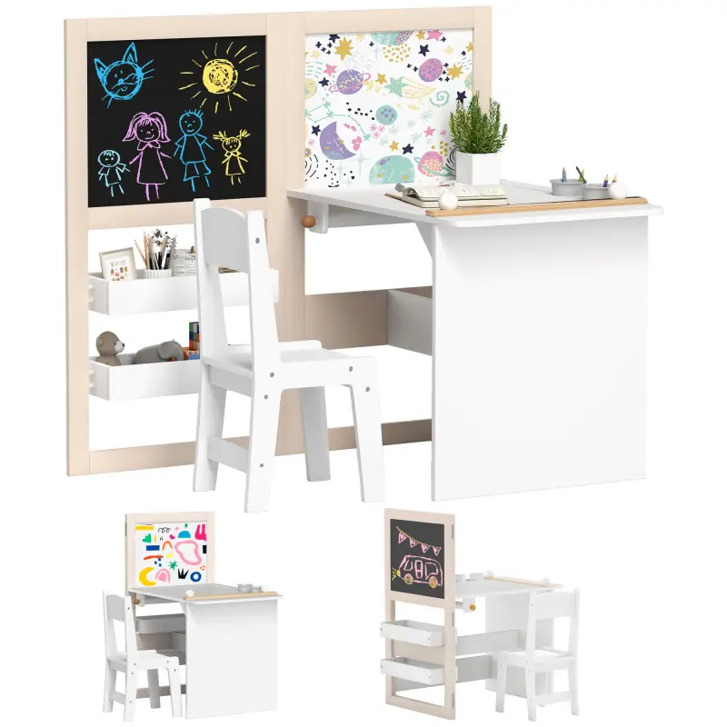 Mesa Infantil con Silla y Caballete Plegable Mesa para Niños de +3 Años con Estantes y Rollo de Papel Blanco