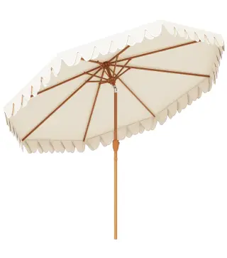 Sombrilla de Jardín Ø264x240 cm con Ángulo Ajustable Manivela y Toldo con Volantes Decorativos para Patio Terraza Crema