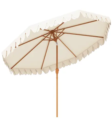 Sombrilla de Jardín Ø264x240 cm con Ángulo Ajustable Manivela y Toldo con Volantes Decorativos para Patio Terraza Crema