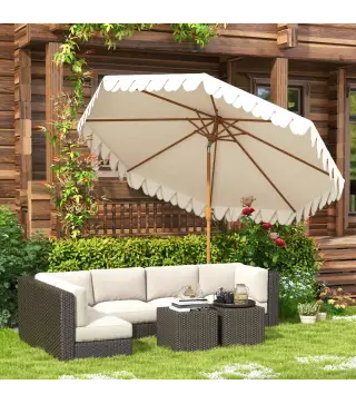 Sombrilla de Jardín Ø264x240 cm con Ángulo Ajustable Manivela y Toldo con Volantes Decorativos para Patio Terraza Crema