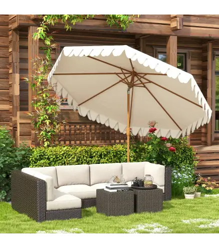 Sombrilla de Jardín Ø264x240 cm con Ángulo Ajustable Manivela y Toldo con Volantes Decorativos para Patio Terraza Crema