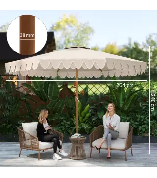 Sombrilla de Jardín Ø264x240 cm con Ángulo Ajustable Manivela y Toldo con Volantes Decorativos para Patio Terraza Crema