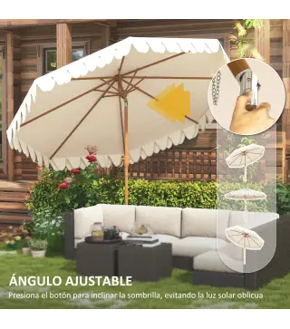 Sombrilla de Jardín Ø264x240 cm con Ángulo Ajustable Manivela y Toldo con Volantes Decorativos para Patio Terraza Crema