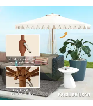 Sombrilla de Jardín Ø264x240 cm con Ángulo Ajustable Manivela y Toldo con Volantes Decorativos para Patio Terraza Crema