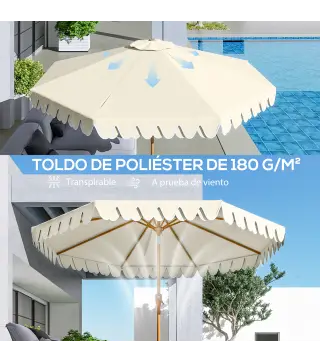 Sombrilla de Jardín Ø264x240 cm con Ángulo Ajustable Manivela y Toldo con Volantes Decorativos para Patio Terraza Crema