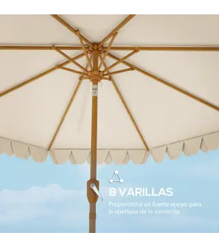 Sombrilla de Jardín Ø264x240 cm con Ángulo Ajustable Manivela y Toldo con Volantes Decorativos para Patio Terraza Crema