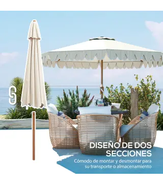 Sombrilla de Jardín Ø264x240 cm con Ángulo Ajustable Manivela y Toldo con Volantes Decorativos para Patio Terraza Crema
