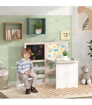 Mesa Infantil con Silla y Caballete Plegable Mesa para Niños de +3 Años con Estantes y Rollo de Papel Blanco