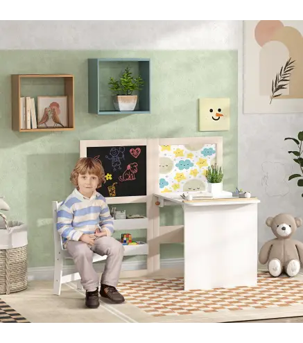 Mesa Infantil con Silla y Caballete Plegable Mesa para Niños de +3 Años con Estantes y Rollo de Papel Blanco