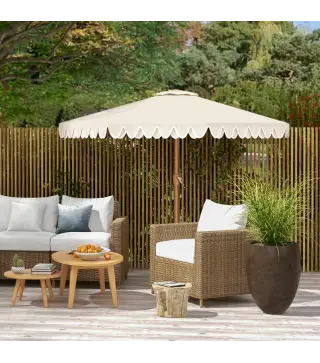 Sombrilla de Jardín Ø264x240 cm con Ángulo Ajustable Manivela y Toldo con Volantes Decorativos para Patio Terraza Crema