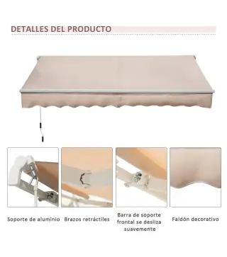 Toldo Manual Retráctil 295x200 cm con Manivela de Metal Impermeable y Anti-UV para Jardín Terraza Beige