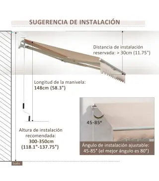 Toldo Manual Retráctil 295x200 cm con Manivela de Metal Impermeable y Anti-UV para Jardín Terraza Beige