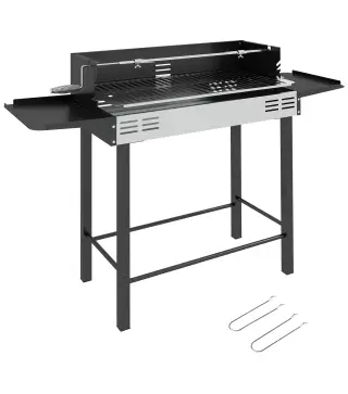 Barbacoa de Carbón Portátil con Pincho Giratorio Parrilla Estantes Plegables y Paravientos 118x32x90 cm Negro