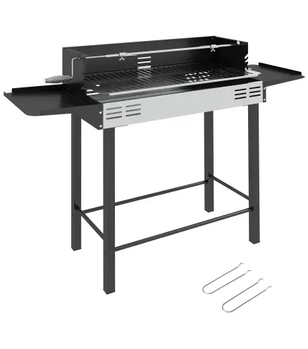 Barbacoa de Carbón Portátil con Pincho Giratorio Parrilla Estantes Plegables y Paravientos 118x32x90 cm Negro