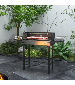 Barbacoa de Carbón Portátil con Pincho Giratorio Parrilla Estantes Plegables y Paravientos 118x32x90 cm Negro