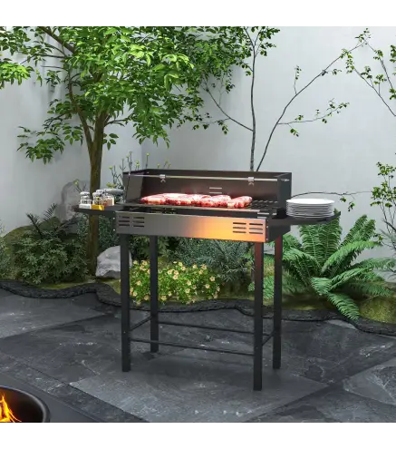 Barbacoa de Carbón Portátil con Pincho Giratorio Parrilla Estantes Plegables y Paravientos 118x32x90 cm Negro