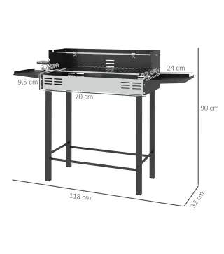 Barbacoa de Carbón Portátil con Pincho Giratorio Parrilla Estantes Plegables y Paravientos 118x32x90 cm Negro