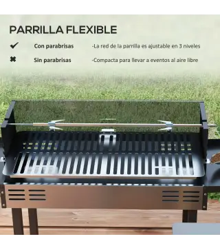 Barbacoa de Carbón Portátil con Pincho Giratorio Parrilla Estantes Plegables y Paravientos 118x32x90 cm Negro