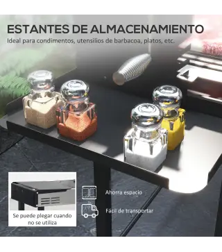 Barbacoa de Carbón Portátil con Pincho Giratorio Parrilla Estantes Plegables y Paravientos 118x32x90 cm Negro