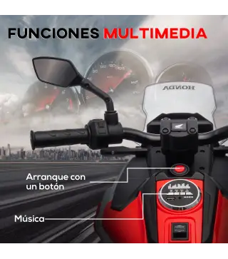 Moto Eléctrica para Niños de +3 Años con Licencia Honda con USB MP3 Luz LED y Velocidad 3 km/h Carga 30 kg Rojo