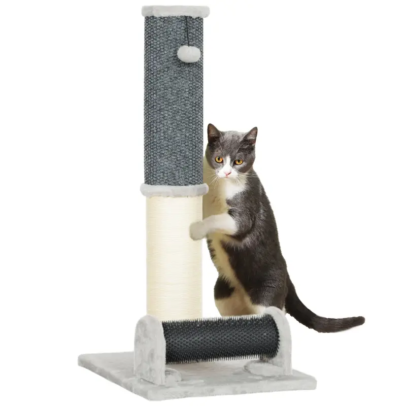 Poste Rascador para Gatos Arañador de Sisal con Cepillo de Auto Acicalado y Bola de Juguete 40x48x85 cm Gris y Crema