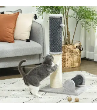 Poste Rascador para Gatos Arañador de Sisal con Cepillo de Auto Acicalado y Bola de Juguete 40x48x85 cm Gris y Crema