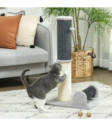 Poste Rascador para Gatos Arañador de Sisal con Cepillo de Auto Acicalado y Bola de Juguete 40x48x85 cm Gris y Crema