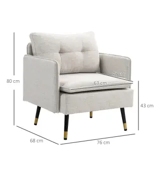 Sillón de Salón Moderno Tapizado en Lino con Reposabrazos Asiento Acolchado y Patas de Acero 76x68x80 cm Crema