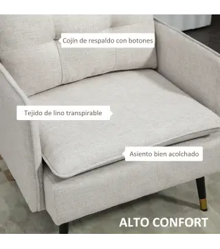 Sillón de Salón Moderno Tapizado en Lino con Reposabrazos Asiento Acolchado y Patas de Acero 76x68x80 cm Crema