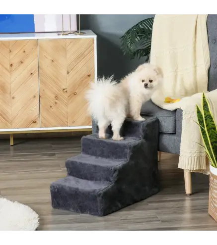 Escalera para Mascotas de 4 Peldaños con Funda Extraíble y Lavable para Cama Sofá 60x35x44 cm Gris Oscuro