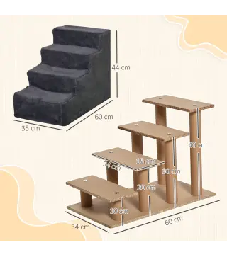 Escalera para Mascotas de 4 Peldaños con Funda Extraíble y Lavable para Cama Sofá 60x35x44 cm Gris Oscuro