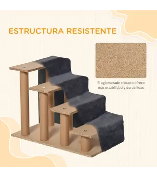 Escalera para Mascotas de 4 Peldaños con Funda Extraíble y Lavable para Cama Sofá 60x35x44 cm Gris Oscuro