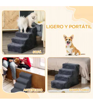 Escalera para Mascotas de 4 Peldaños con Funda Extraíble y Lavable para Cama Sofá 60x35x44 cm Gris Oscuro