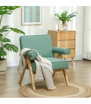 Sillón de Salón Tapizado en PU con Reposabrazos y Marco de Madera de Caucho para Dormitorio Carga 120 kg Verde