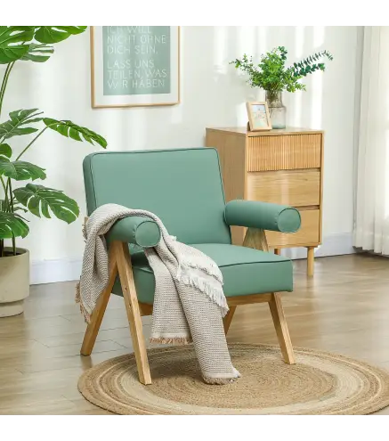 Sillón de Salón Tapizado en PU con Reposabrazos y Marco de Madera de Caucho para Dormitorio Carga 120 kg Verde