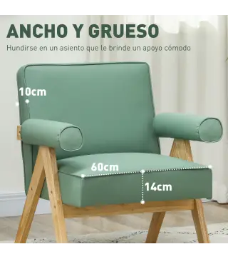Sillón de Salón Tapizado en PU con Reposabrazos y Marco de Madera de Caucho para Dormitorio Carga 120 kg Verde