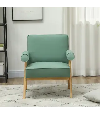 Sillón de Salón Tapizado en PU con Reposabrazos y Marco de Madera de Caucho para Dormitorio Carga 120 kg Verde