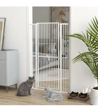 Barrera para Perros Extra Alta con Ancho Ajustable 77-104 cm Puerta para Perros con Extensiones y Puerta de Paso Blanco