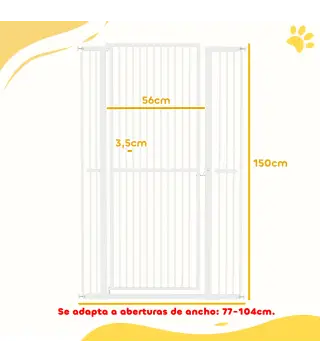 Barrera para Perros Extra Alta con Ancho Ajustable 77-104 cm Puerta para Perros con Extensiones y Puerta de Paso Blanco