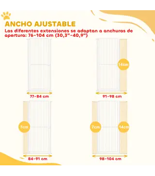 Barrera para Perros Extra Alta con Ancho Ajustable 77-104 cm Puerta para Perros con Extensiones y Puerta de Paso Blanco