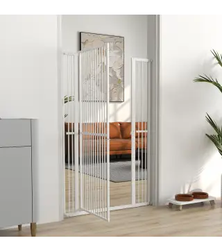 Barrera para Perros Extra Alta con Ancho Ajustable 77-104 cm Puerta para Perros con Extensiones y Puerta de Paso Blanco
