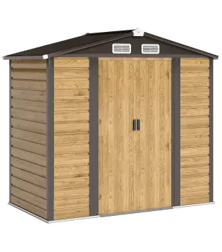 Cobertizo Metálico para Jardín 213x120x166/194 cm con Base Refuerzo Puertas Correderas y Ventilaciones Roble