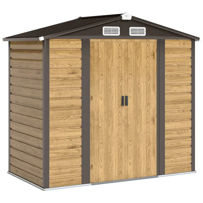Cobertizo Metálico para Jardín 213x120x166/194 cm con Base Refuerzo Puertas Correderas y Ventilaciones Roble
