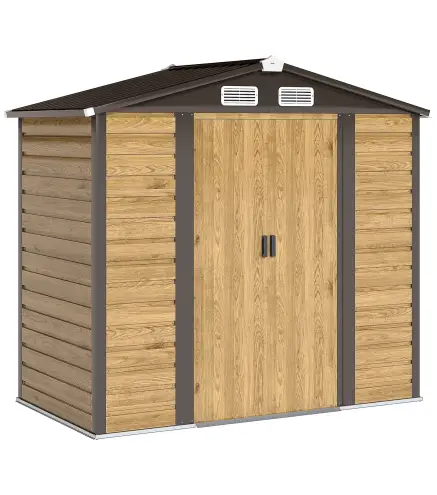 Cobertizo Metálico para Jardín 213x120x166/194 cm con Base Refuerzo Puertas Correderas y Ventilaciones Roble