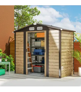 Cobertizo Metálico para Jardín 213x120x166/194 cm con Base Refuerzo Puertas Correderas y Ventilaciones Roble